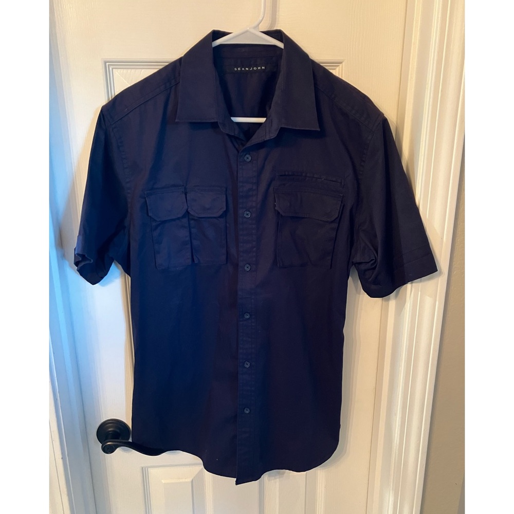 Sean John Vintage Large Short Sleeve Collar Dress Shirt Dark Blue
